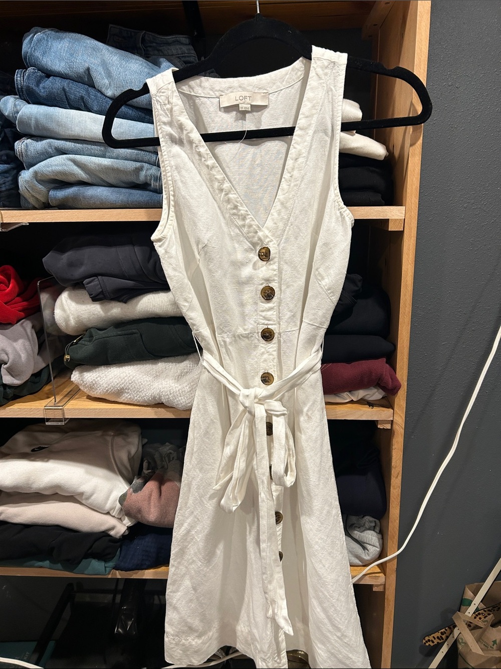 LOFT Cream Button-Front Tie-Waist Sleeveless Dress